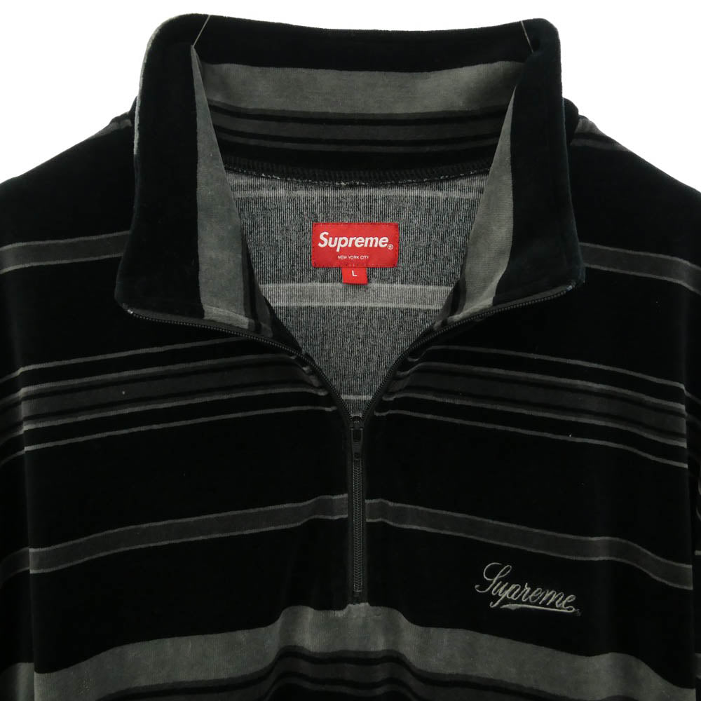 Supreme シュプリーム 20AW Stripe Velour Half Zip Pullover Black ストライプ ベロア ハーフ ジップ プルオーバー ブラック ブラック系 グレー系 L【中古】