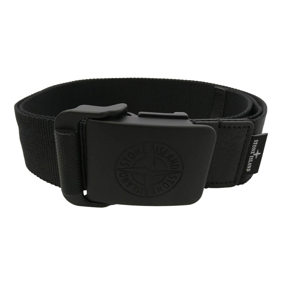 STONE ISLAND ストーンアイランド 24AW 811594873 Black Ribbon Belt with Metal Buckle メタルバックル コンパス ロゴ レザーパッチ リボン ベルト ブラック系 95【美品】【中古】