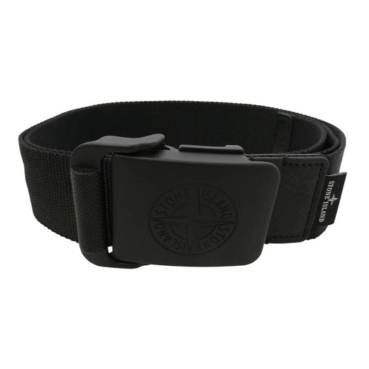 STONE ISLAND ストーンアイランド 24AW 811594873 Black Ribbon Belt with Metal Buckle メタルバックル コンパス ロゴ レザーパッチ リボン ベルト ブラック系 95【美品】【中古】