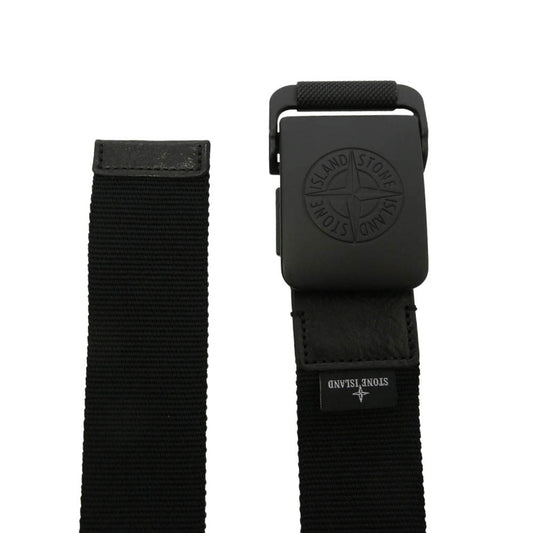 STONE ISLAND ストーンアイランド 24AW 811594873 Black Ribbon Belt with Metal Buckle メタルバックル コンパス ロゴ レザーパッチ リボン ベルト ブラック系 95【美品】【中古】