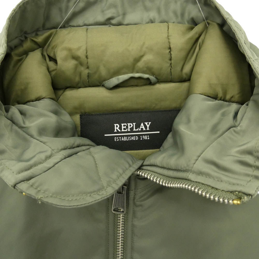 REPLAY リプレイ 中綿 フーデッド ジップアップ ロングコート ミリタリー ジャケット モスグリーン系 S【中古】