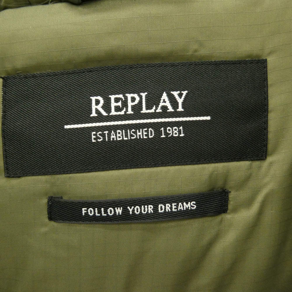 REPLAY リプレイ 中綿 フーデッド ジップアップ ロングコート ミリタリー ジャケット モスグリーン系 S【中古】