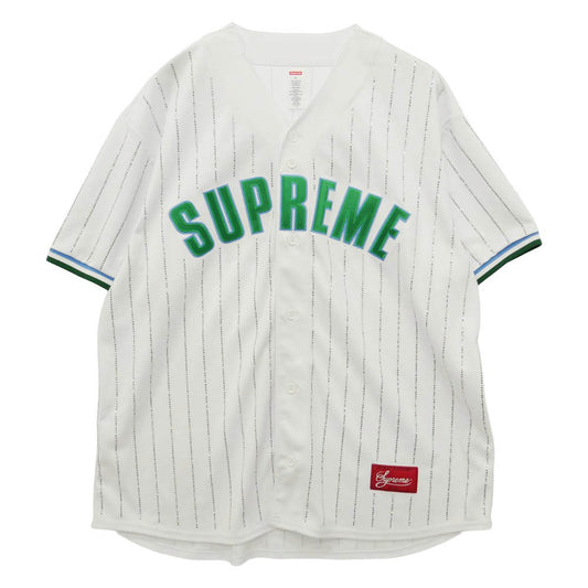 Supreme シュプリーム 22SS Rhinestone Stripe Baseball Jersey アーチロゴ ラインストーン ストライプ ベースボール 半袖 シャツ ホワイト系 XL【中古】