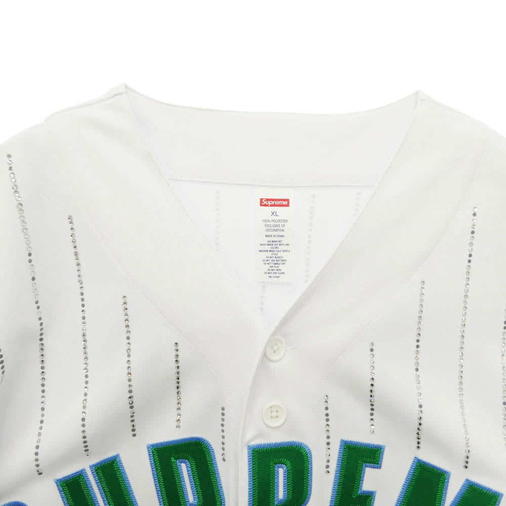 Supreme シュプリーム 22SS Rhinestone Stripe Baseball Jersey アーチロゴ ラインストーン ストライプ ベースボール 半袖 シャツ ホワイト系 XL【中古】