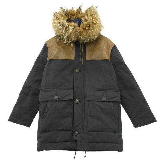 Nigel Cabourn ナイジェルケーボン 8039-00-00005 DONKEY DOWN JACKET HALFTEX ロング ドンキー レザー切替 フーデッド ダウン ジャケット ハーフテックス ダークネイビー系 46【中古】