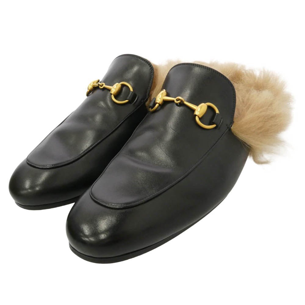 GUCCI グッチ ホースビット プリンスタウン ホースビット ファー フラットシューズ ブラック系 ゴールド系 9【中古】