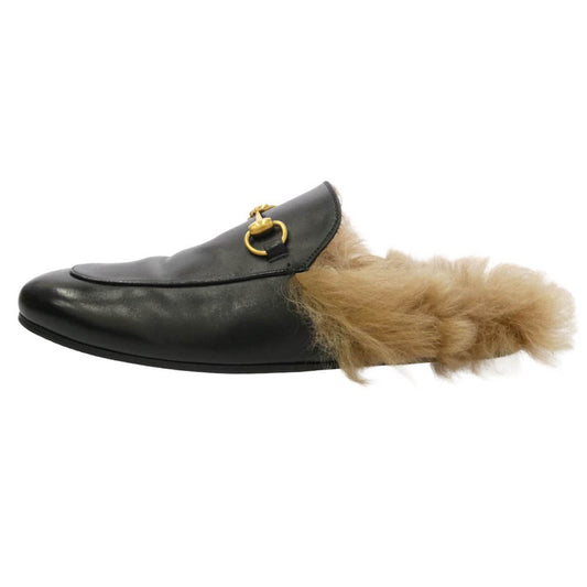 GUCCI グッチ ホースビット プリンスタウン ホースビット ファー フラットシューズ ブラック系 ゴールド系 9【中古】