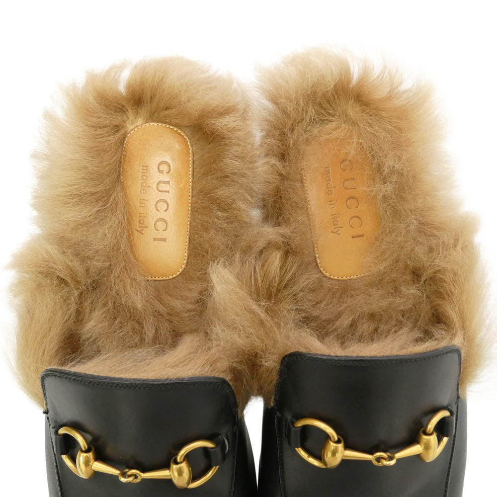 GUCCI グッチ ホースビット プリンスタウン ホースビット ファー フラットシューズ ブラック系 ゴールド系 9【中古】