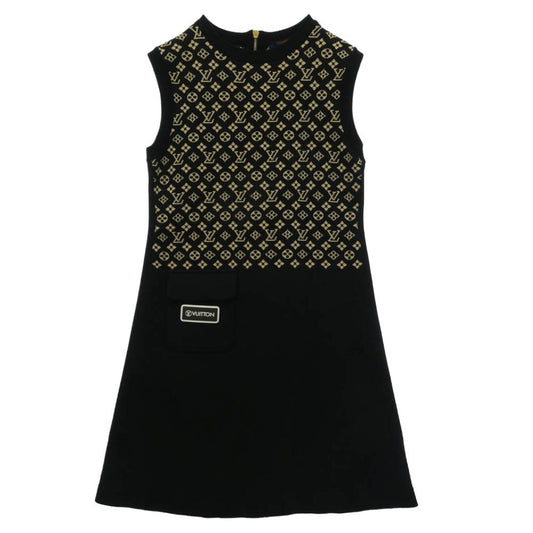 LOUIS VUITTON ルイ・ヴィトン シルク モノグラム ロゴ ノースリーブ Aライン ドレス ワンピース ブラック系 XS【中古】