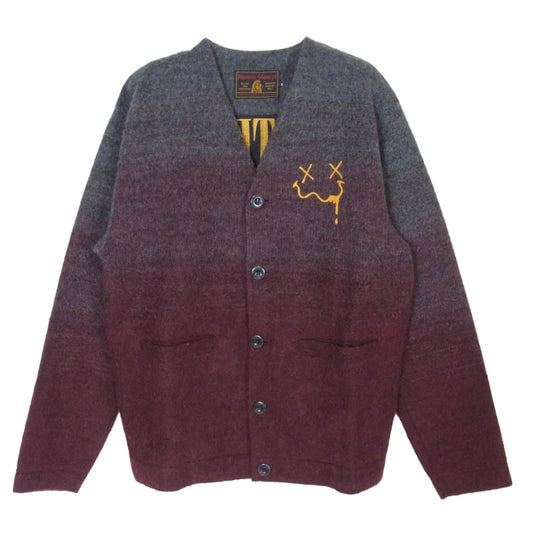 HYSTERIC GLAMOUR ヒステリックグラマー 17AW 02173CD01 HYS FACE刺繍 グラデーション ニット カーディガン チャコール系 ワインレッド系 S【中古】