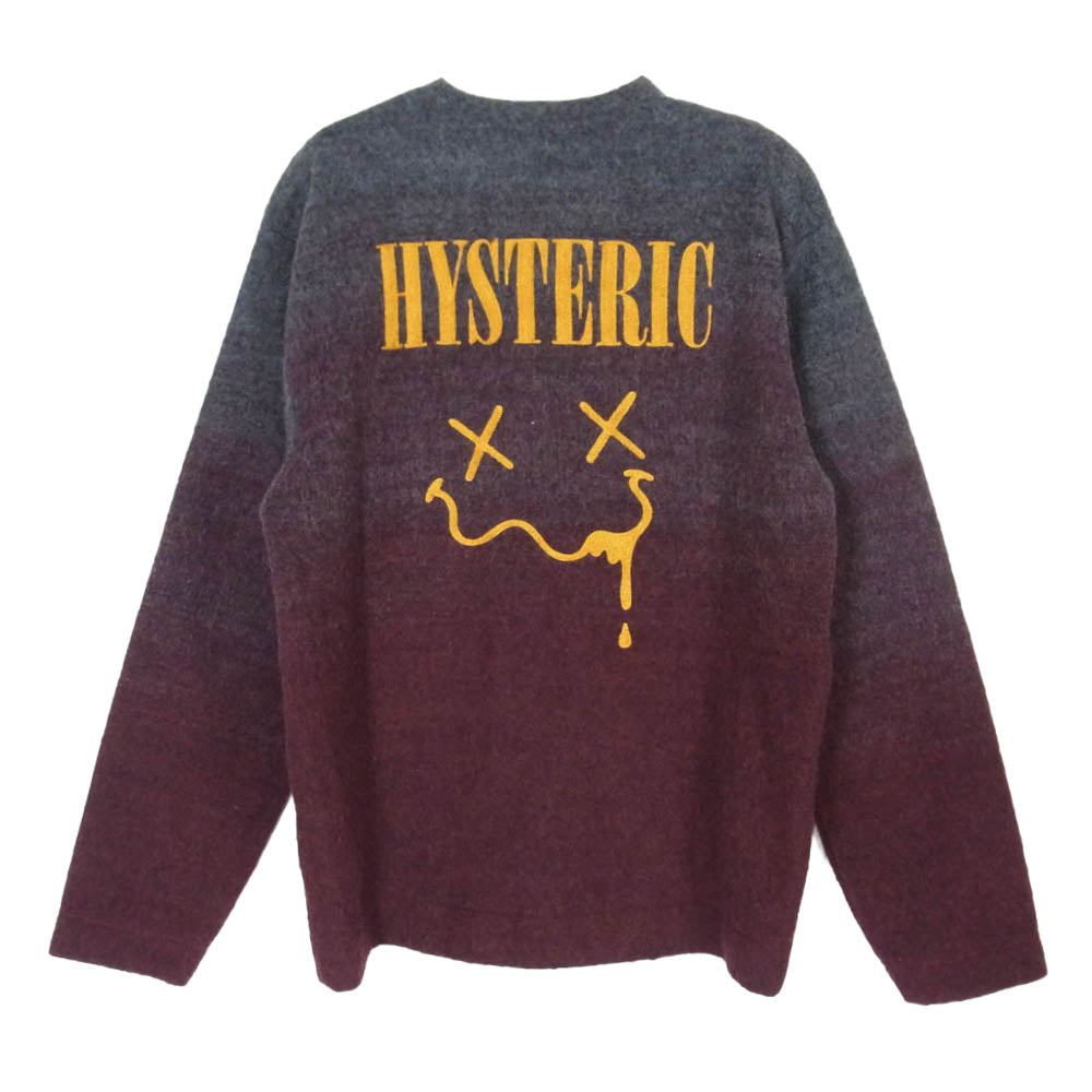HYSTERIC GLAMOUR ヒステリックグラマー 17AW 02173CD01 HYS FACE刺繍 グラデーション ニット カーディガン チャコール系 ワインレッド系 S【中古】