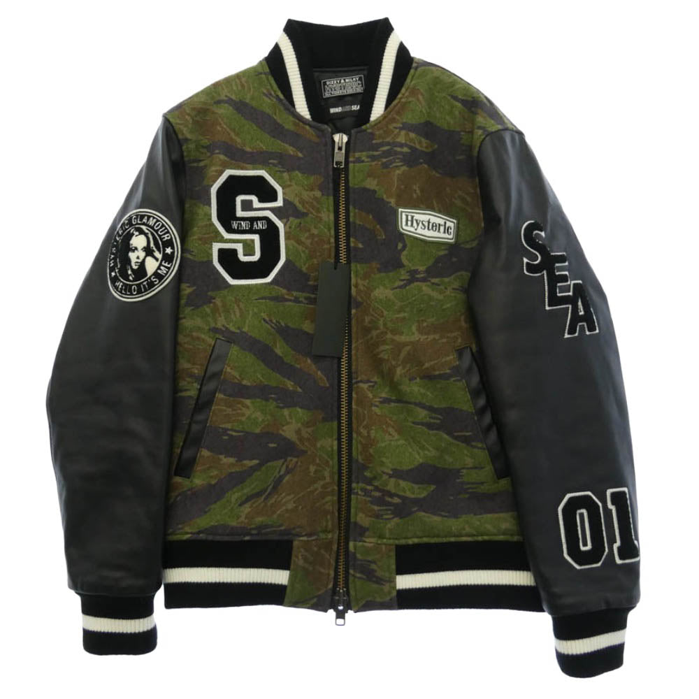 HYSTERIC GLAMOUR ヒステリックグラマー × WIND AND SEA ウィンダンシー 22AW WDS-C-HYS-23-AP-Q1-01 VARSITY JACKET バーシティジャケット スタジャン ブラック系 グリーン系 S【中古】
