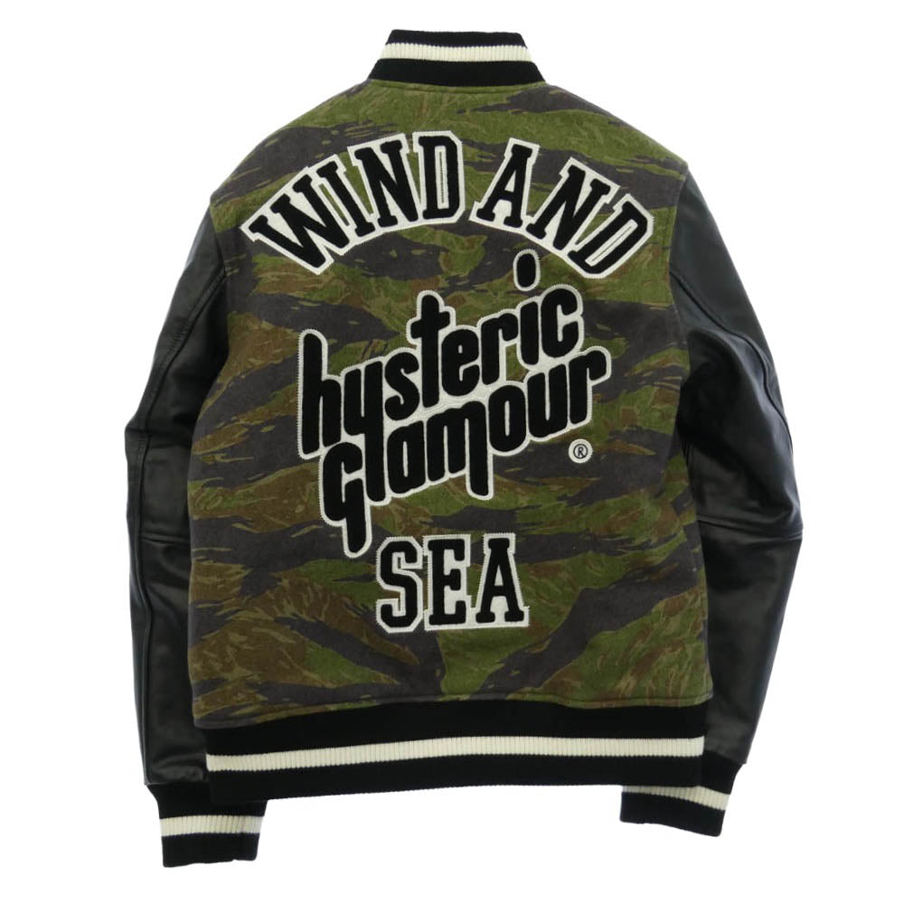 HYSTERIC GLAMOUR ヒステリックグラマー × WIND AND SEA ウィンダンシー 22AW WDS-C-HYS-23-AP-Q1-01 VARSITY JACKET バーシティジャケット スタジャン ブラック系 グリーン系 S【中古】