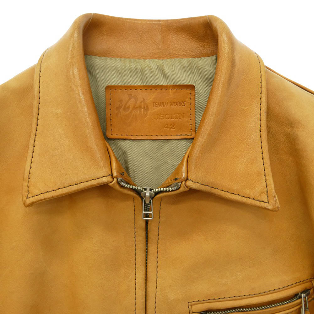 天神ワークス JS01TN Single Collar Jacket シングル カラー ジップアップ ライダース レザージャケット ベージュ系 42【中古】