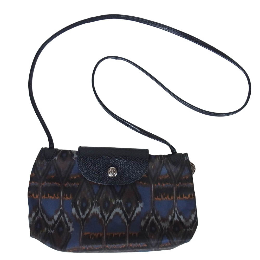 Longchamp ロンシャン 5700002197 IKAT イカット柄 レザー ナイロン ショルダー ポーチ バッグ ネイビー系【中古】