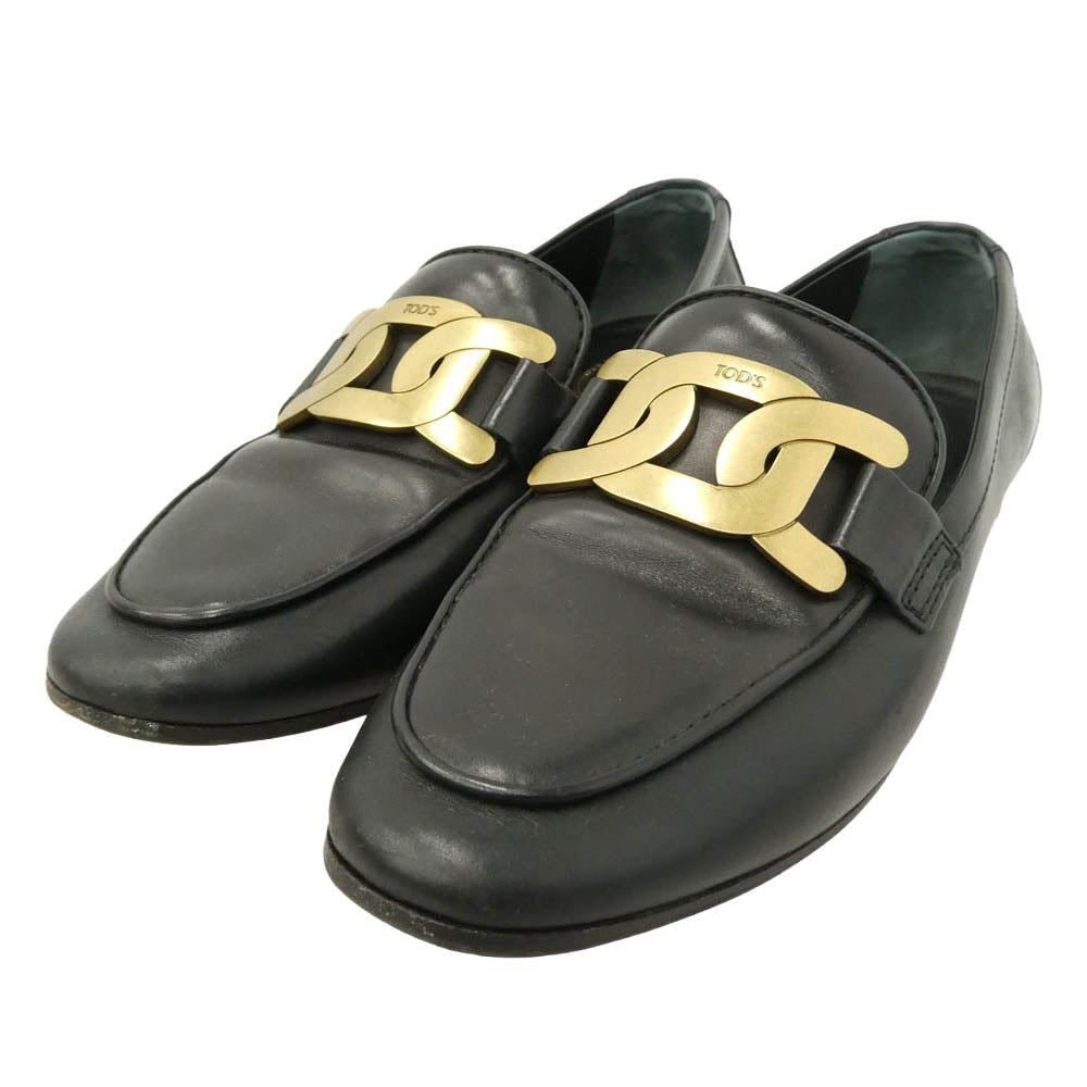 TOD’S トッズ ロゴ金具 レザー ローカット ローファー ブラック系 ゴールド系 34【中古】