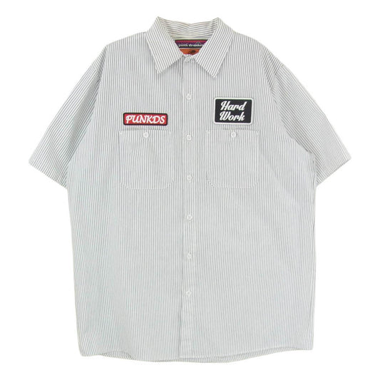 PUNK DRUNKERS パンクドランカーズ × RED KAP レッドキャップ バックプリント 半袖 ストライプ パッチ ワーク シャツ ホワイト系 L【中古】