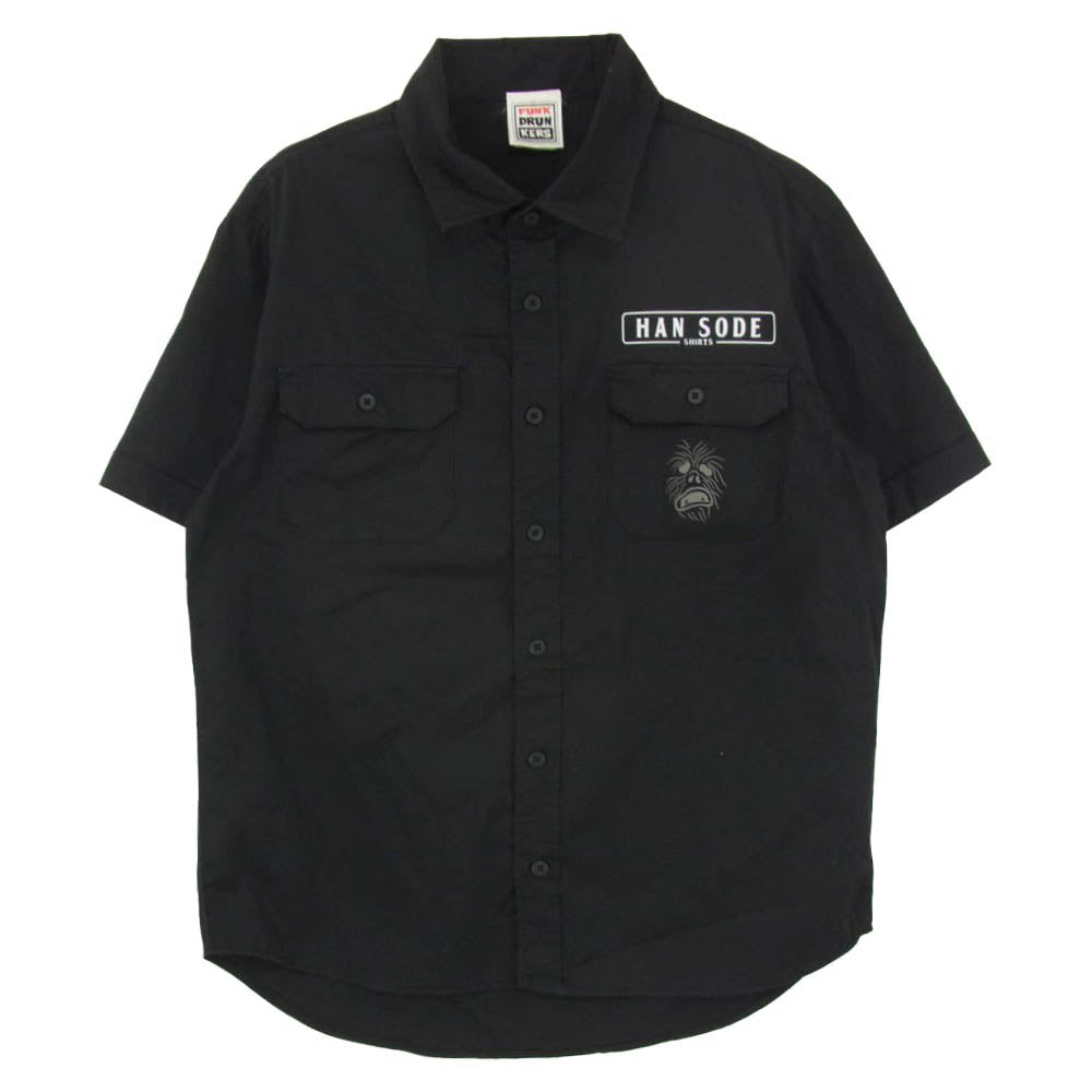 PUNK DRUNKERS パンクドランカーズ HAN SODE フロント バックプリント 胸ポケット 半袖 ワーク シャツ ブラック系 L【中古】