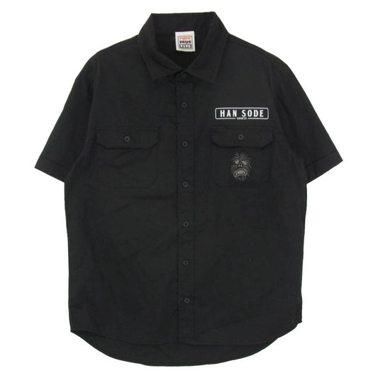 PUNK DRUNKERS パンクドランカーズ HAN SODE フロント バックプリント 胸ポケット 半袖 ワーク シャツ ブラック系 L【中古】