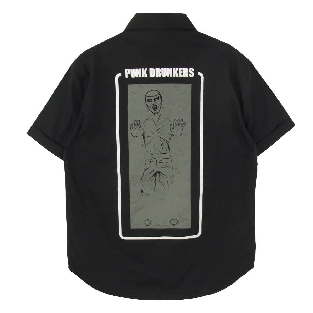 PUNK DRUNKERS パンクドランカーズ HAN SODE フロント バックプリント 胸ポケット 半袖 ワーク シャツ ブラック系 L【中古】