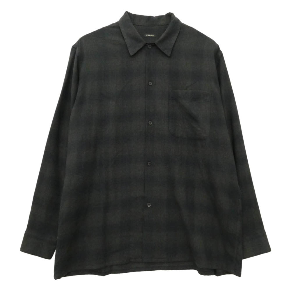 COMOLI コモリ 22AW W03-02018 Wool Check Open Collar Shirt ウールチェック オープンカラーシャツ 開襟 長袖シャツ ブラック系 3【中古】