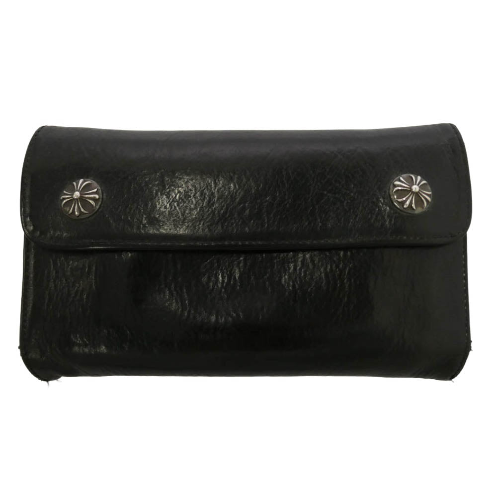 CHROME HEARTS クロムハーツ（原本無） WAVE CROSS BALL ウェーブ クロスボールボタン レザー ウォレット 長財布 ブラック系 シルバー系【中古】