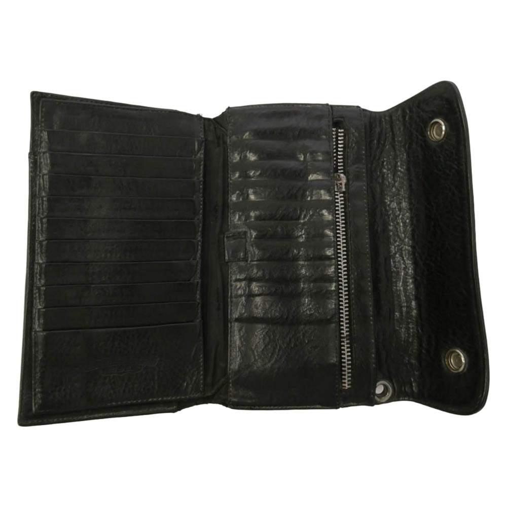 CHROME HEARTS クロムハーツ（原本無） WAVE CROSS BALL ウェーブ クロスボールボタン レザー ウォレット 長財布 ブラック系 シルバー系【中古】