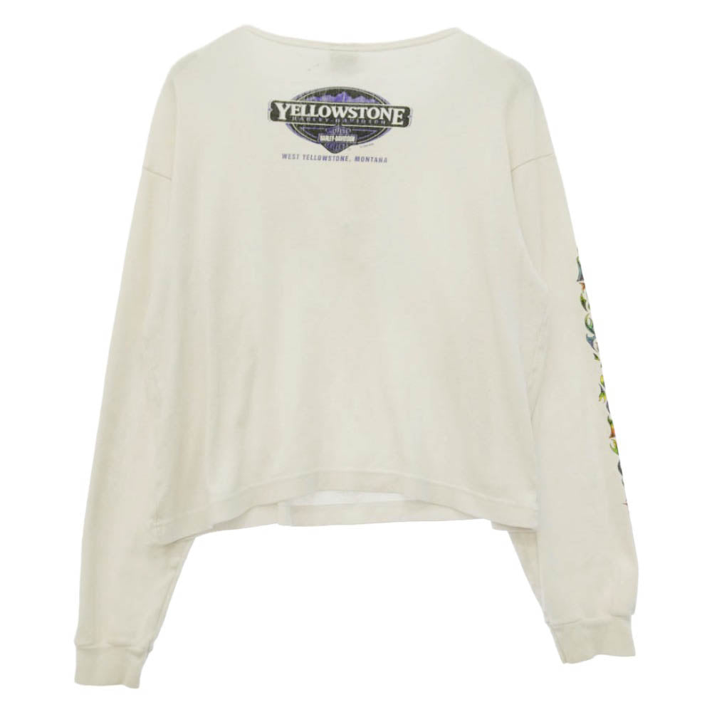 HARLEY DAVIDSON ハーレーダビッドソン バタフライ プリント ヘンリーネック 短丈 Tシャツ 長袖 カットソー オフホワイト系 XL【中古】