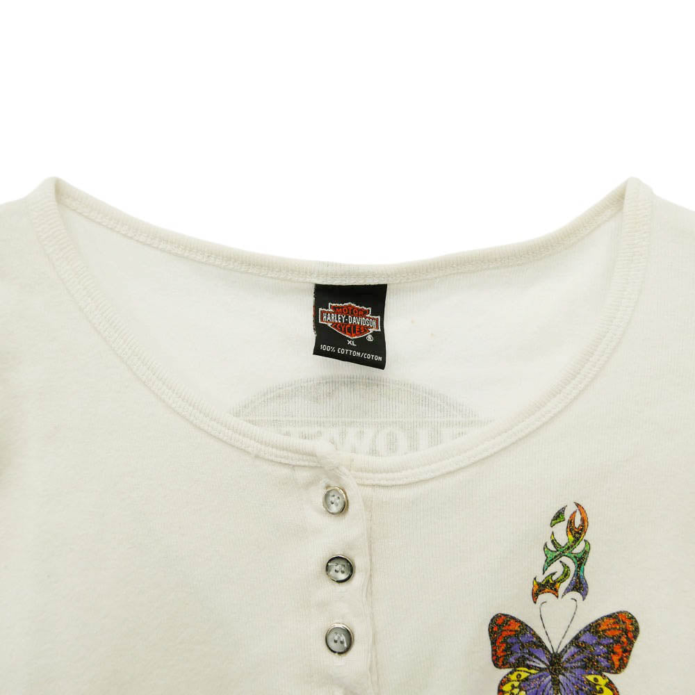 HARLEY DAVIDSON ハーレーダビッドソン バタフライ プリント ヘンリーネック 短丈 Tシャツ 長袖 カットソー オフホワイト系 XL【中古】