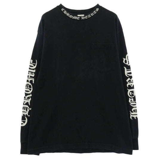 CHROME HEARTS クロムハーツ（原本無） OLD オールド CH L/S NECK LOGO ネックロゴ スクロールラベル バックプリント 袖ロゴ プリント クルーネック カットソー 長袖Tシャツ ブラック系 M【中古】