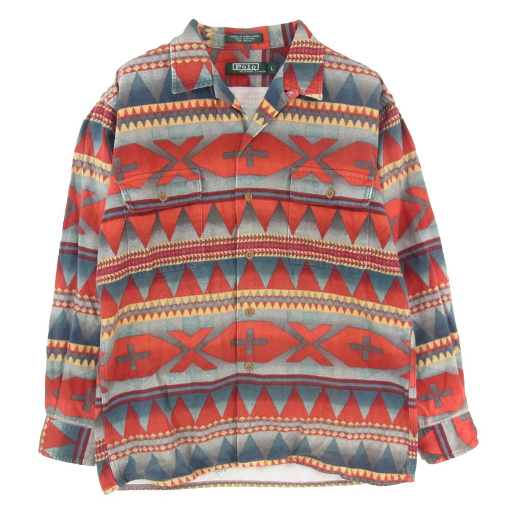 POLO RALPH LAUREN ポロ・ラルフローレン 80s 緑タグ ネイティブ柄 コットン プリント オープンカラー 長袖 シャツ マルチカラー系 L【中古】