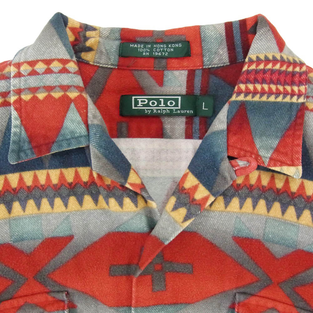 POLO RALPH LAUREN ポロ・ラルフローレン 80s 緑タグ ネイティブ柄 コットン プリント オープンカラー 長袖 シャツ マルチカラー系 L【中古】