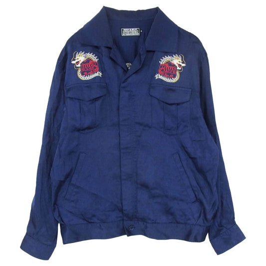 HYSTERIC GLAMOUR ヒステリックグラマー 26SS 02261AH06 DRAGON FLAME ドラゴンフレーム ロゴ 刺繍 レーヨン 長袖 オープンカラー ジップ スーベニアシャツ ネイビー系 M【中古】