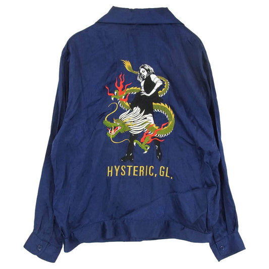 HYSTERIC GLAMOUR ヒステリックグラマー 26SS 02261AH06 DRAGON FLAME ドラゴンフレーム ロゴ 刺繍 レーヨン 長袖 オープンカラー ジップ スーベニアシャツ ネイビー系 M【中古】
