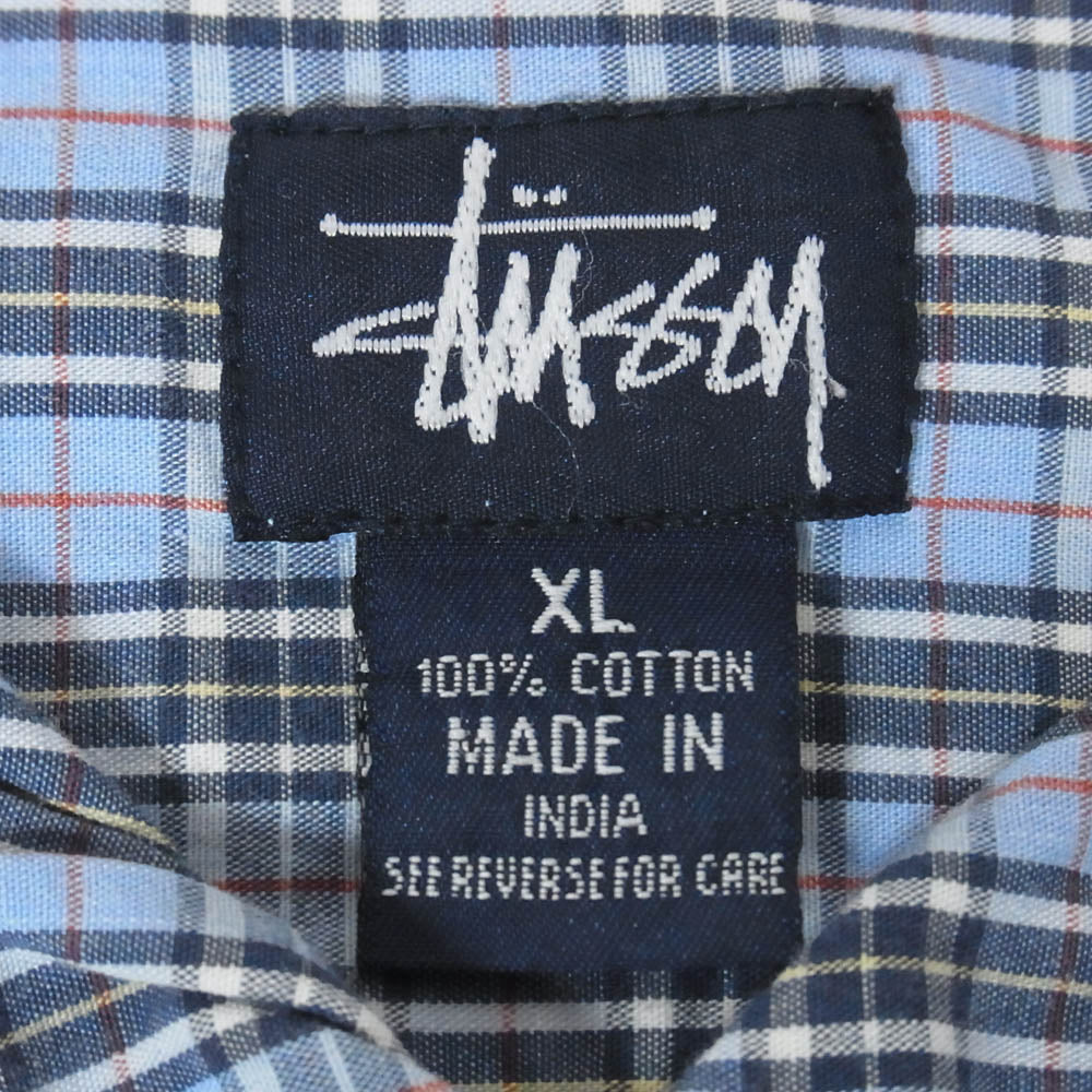 STUSSY ステューシー ロゴ 刺繍 チェック コットン 長袖 シャツ ライトブルー系 XL【中古】