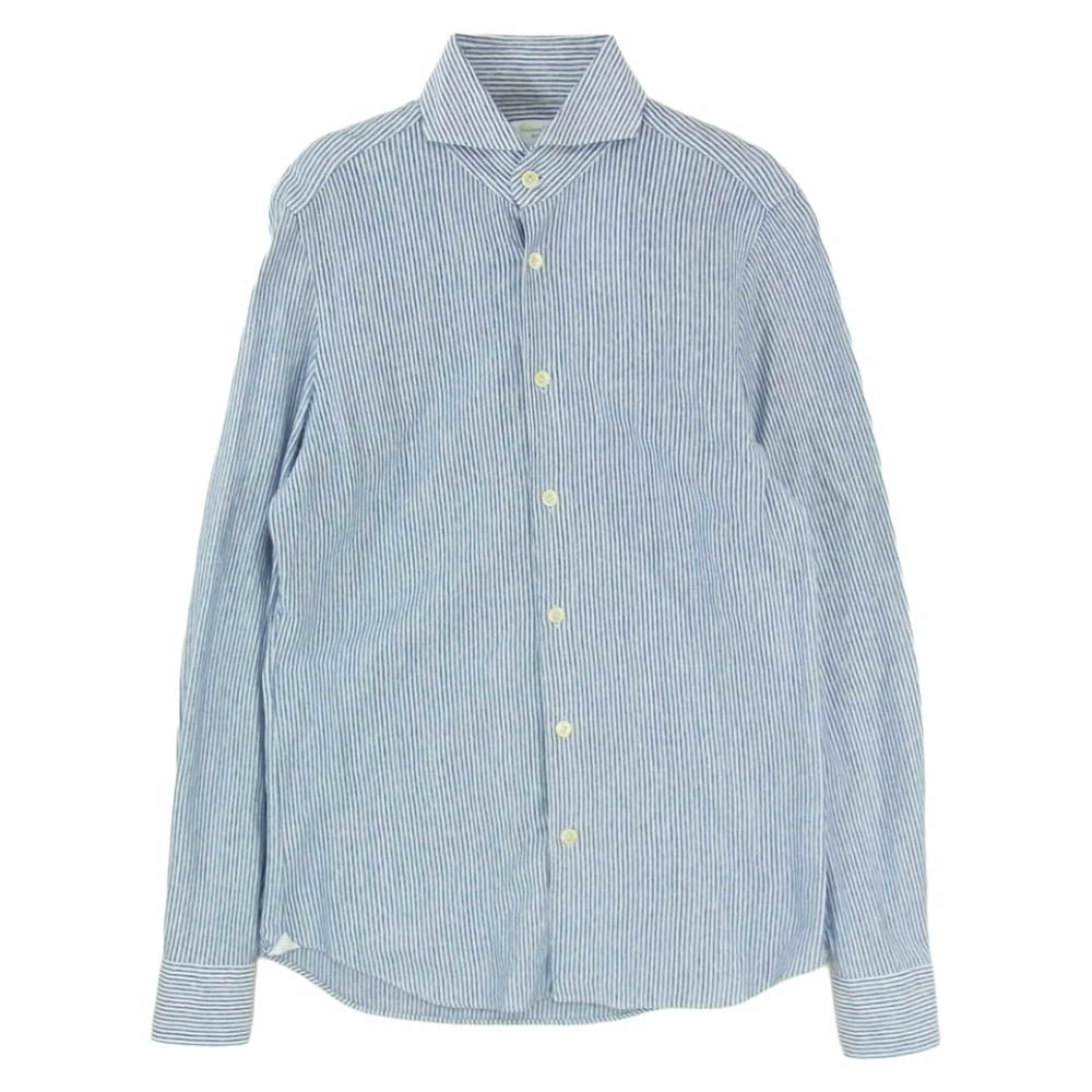FINAMORE フィナモレ ストライプ コットン リネン 長袖 ロングスリーブ カッタウェイ シャツ ブルー系 M【中古】