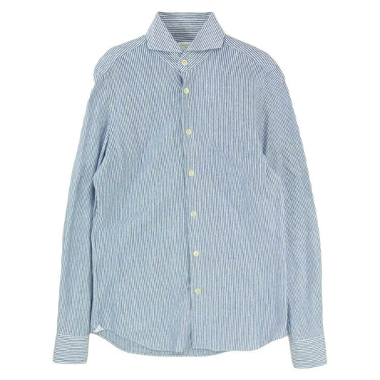 FINAMORE フィナモレ ストライプ コットン リネン 長袖 ロングスリーブ カッタウェイ シャツ ブルー系 M【中古】
