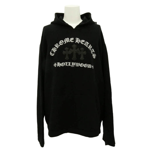 CHROME HEARTS クロムハーツ（原本無） SAILIN ON HD PLVR CHSMR レザーセメタリークロスパッチ スクロールラベル カシミヤ ニット パーカー ブラック系 XXL【中古】