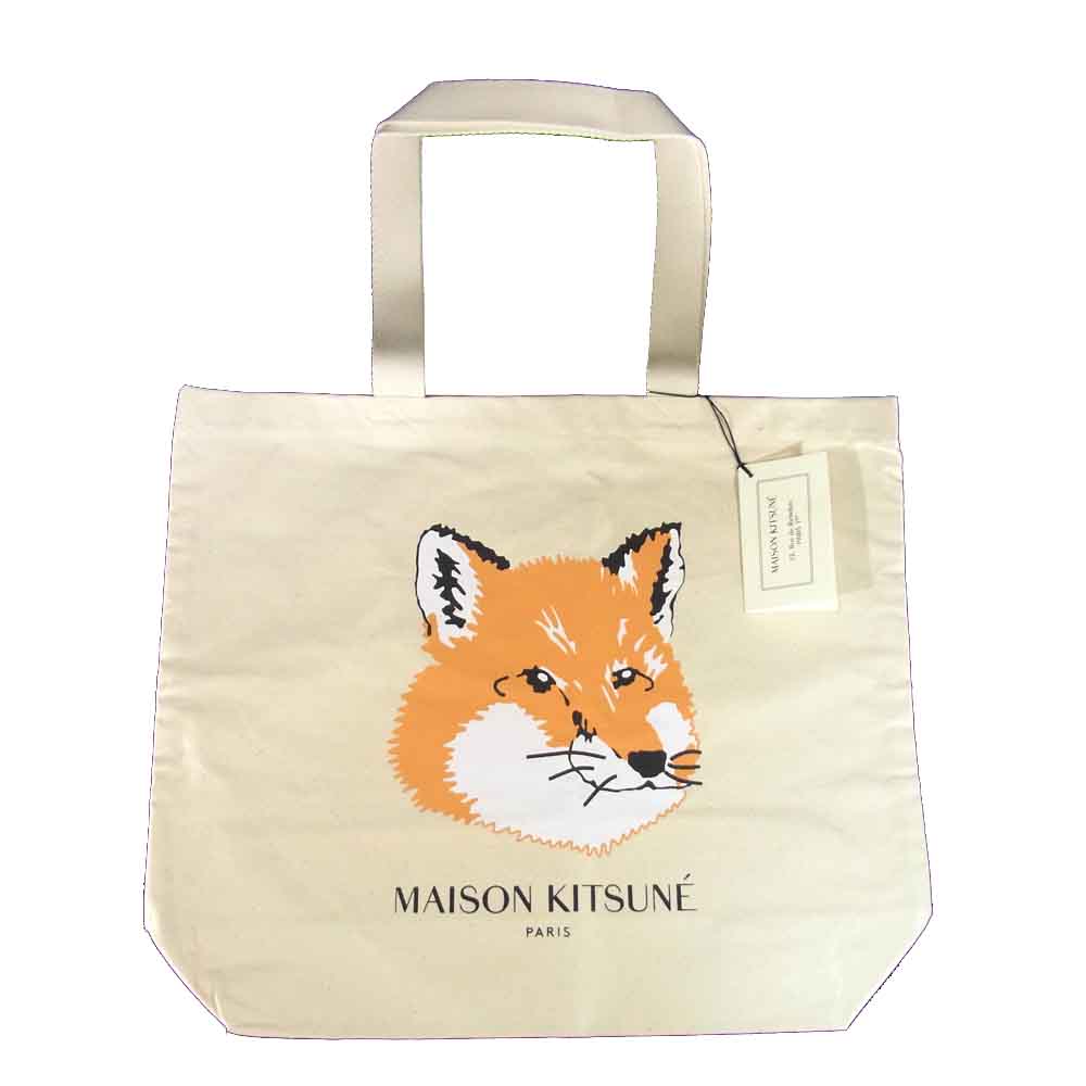 MAISON KITSUNE メゾンキツネ du05110ww0008 フォックス ヘッド ロゴ キャンバス トート バッグ オフホワイト系 オレンジ系【新古品】【未使用】【中古】