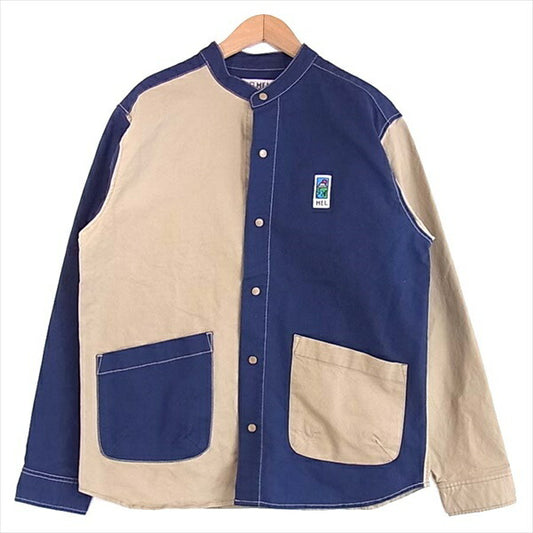 MEI メイ ×coen カプセルコレクション クレイジーパターン バンドカラー シャツ 長袖シャツ 紺×ベージュ S【美品】【中古】