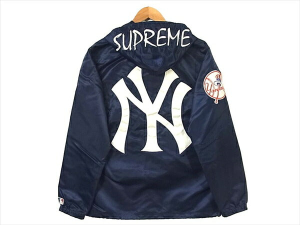 Supreme シュプリーム × New York Yankees ヤンキース 15SS Satin Hooded Coaches Jacket コーチジャケット ジャケット ネイビー系 M 【中古】 ネイビー系 M【中古】