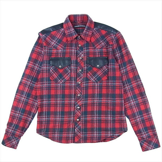 CHROME HEARTS クロムハーツ（原本無） 国内正規品 クロスボタン セメタリークロスパッチ フレアニーヨーク ラムレザー ウエスタン チェック ネル シャツ レッド系 SM【美品】【中古】