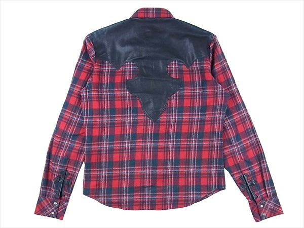 CHROME HEARTS クロムハーツ（原本無） 国内正規品 クロスボタン セメタリークロスパッチ フレアニーヨーク ラムレザー ウエスタン チェック ネル シャツ レッド系 SM【美品】【中古】