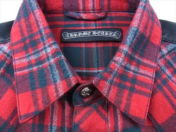 CHROME HEARTS クロムハーツ（原本無） 国内正規品 クロスボタン セメタリークロスパッチ フレアニーヨーク ラムレザー ウエスタン チェック ネル シャツ レッド系 SM【美品】【中古】