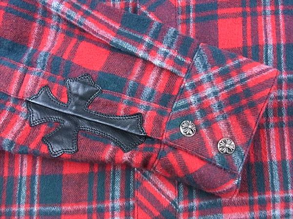 CHROME HEARTS クロムハーツ（原本無） 国内正規品 クロスボタン セメタリークロスパッチ フレアニーヨーク ラムレザー ウエスタン チェック ネル シャツ レッド系 SM【美品】【中古】