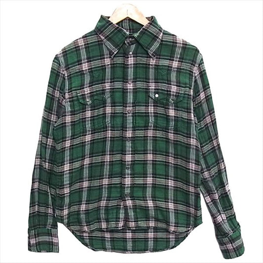 TMT ティーエムティー バック刺繍 チェック ダブルガーゼ ウエスタン 長袖シャツ グリーン系 M【中古】