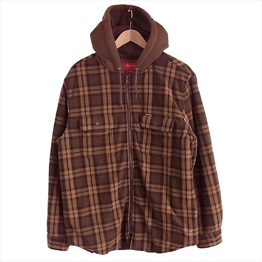 Supreme シュプリーム 18AW hooded plaid work shirt フーデッド パデッド ワーク シャツ パーカー ブラウン系 M【美品】【中古】