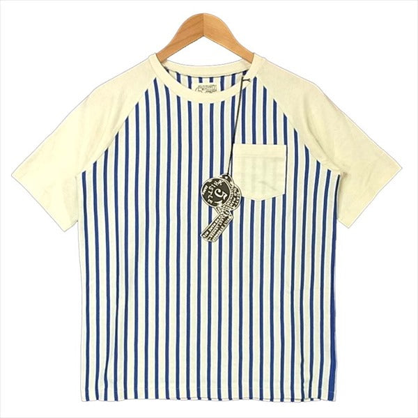 ファイブホイッスル ラグラン ストライプ 半袖Tシャツ 半袖 Tシャツ ブルー系 M【美品】【中古】