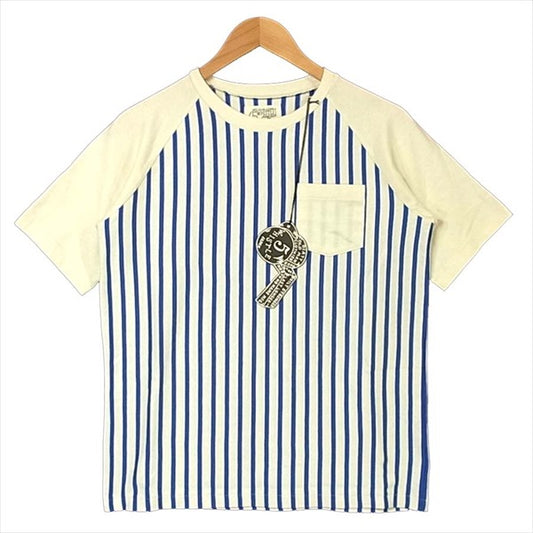 ファイブホイッスル ラグラン ストライプ 半袖Tシャツ 半袖 Tシャツ ブルー系 M【美品】【中古】