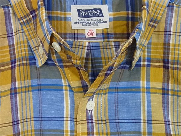 Pherrow's フェローズ PBDS3 マドラスチェックシャツ ボタンダウン 日本製 ボタンダウンシャツ 青×黄 青×黄 38【中古】